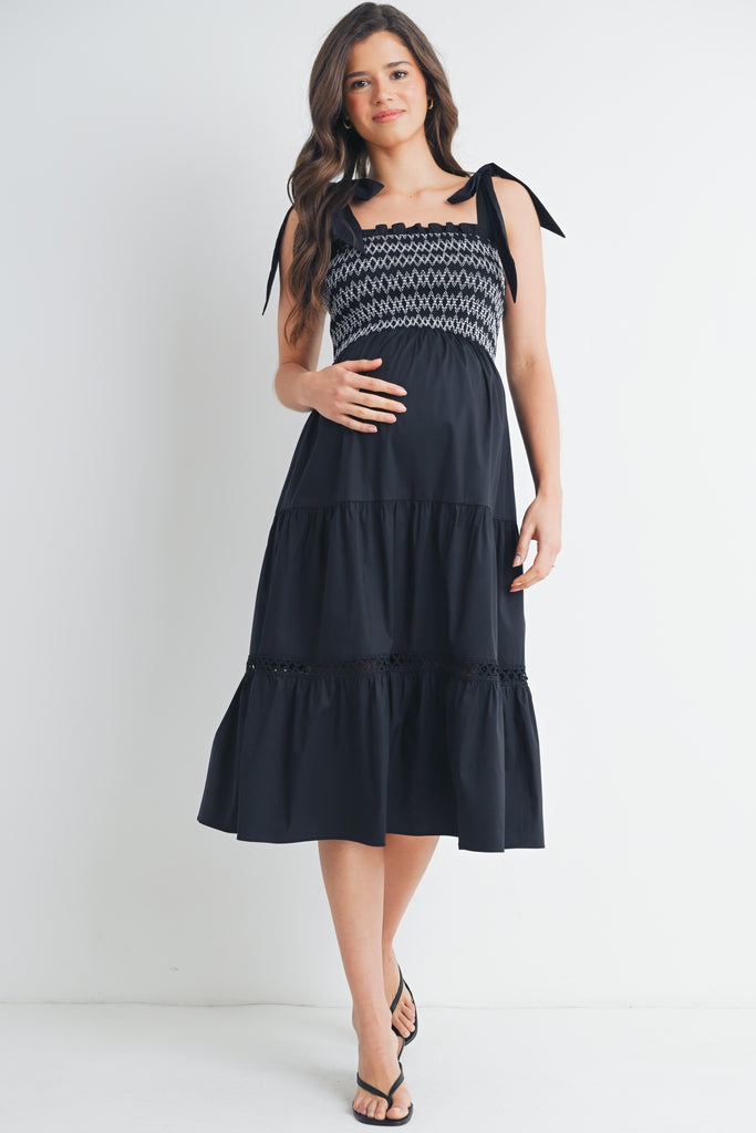 Black Tie Strap Smocked Ruffle Maternity Dress Front View