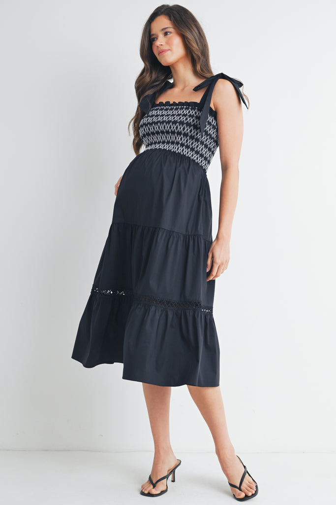 Black Tie Strap Smocked Ruffle Maternity Dress Front View