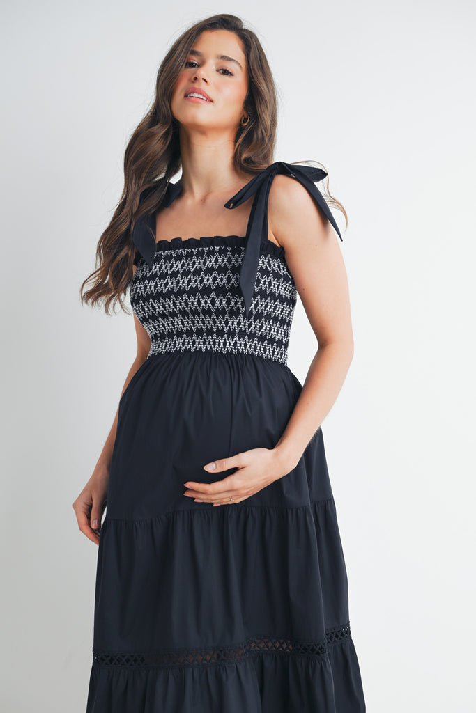 Black Tie Strap Smocked Ruffle Maternity Dress Close Up Detail