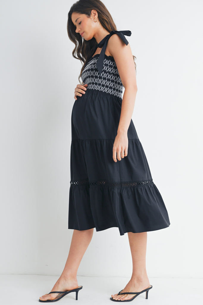 Black Tie Strap Smocked Ruffle Maternity Dress Side View