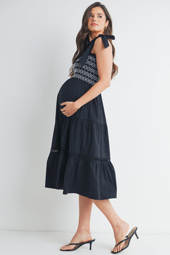 Black Tie Strap Smocked Ruffle Maternity Dress Side View