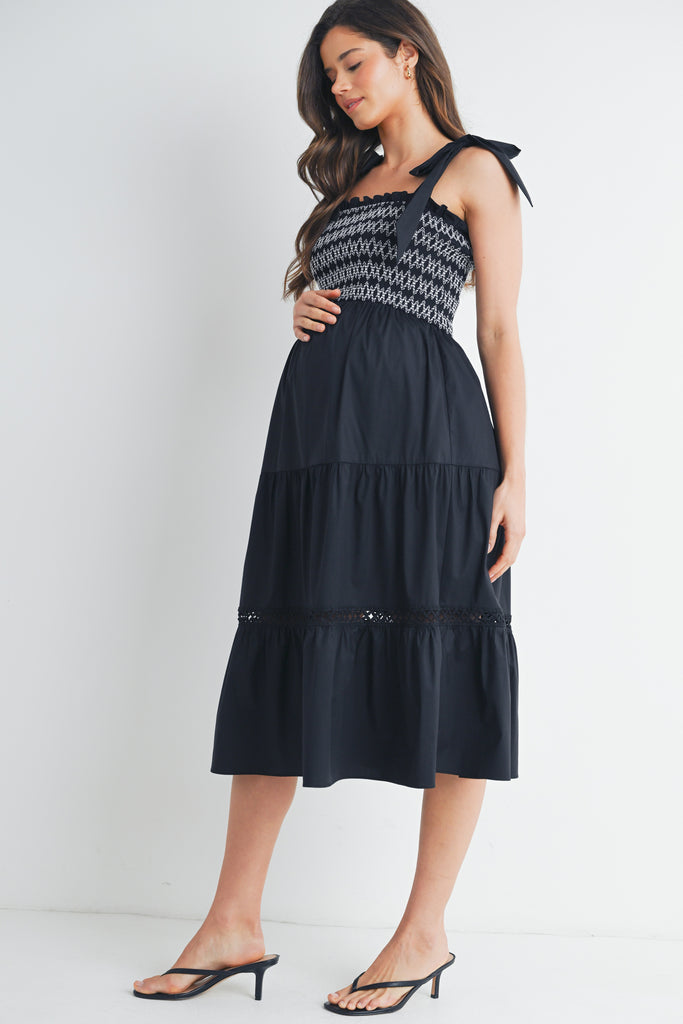 Black Tie Strap Smocked Ruffle Maternity Dress Side View