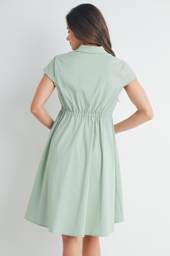 Sage Short Sleeve Button Front Belted Maternity Dress Back View