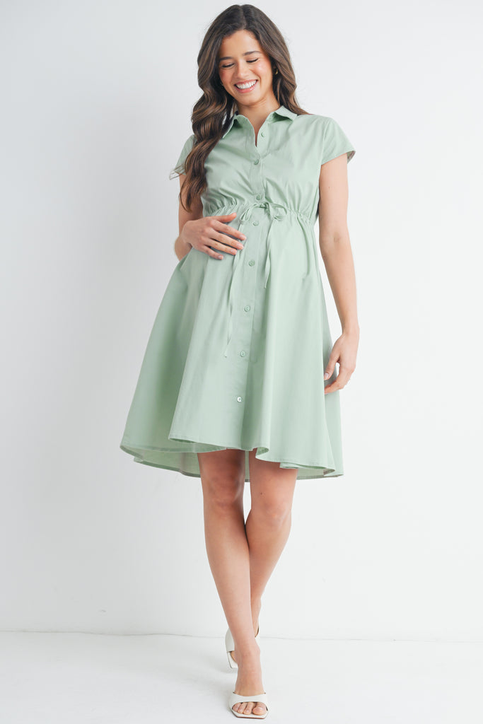 Sage Short Sleeve Button Front Belted Maternity Dress Full Body