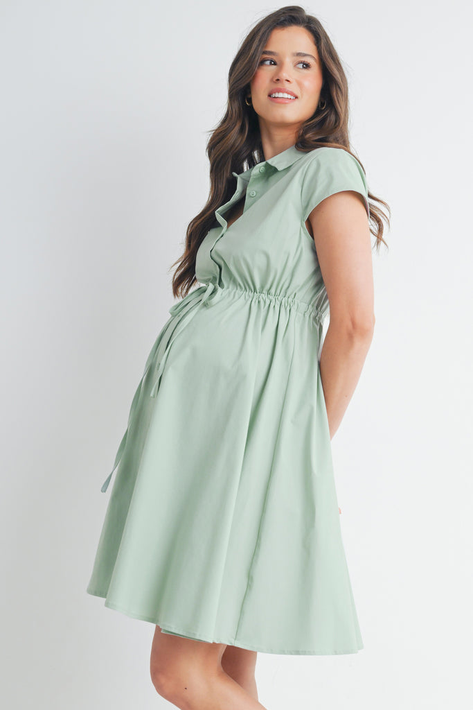 Sage Short Sleeve Button Front Belted Maternity Dress Side View