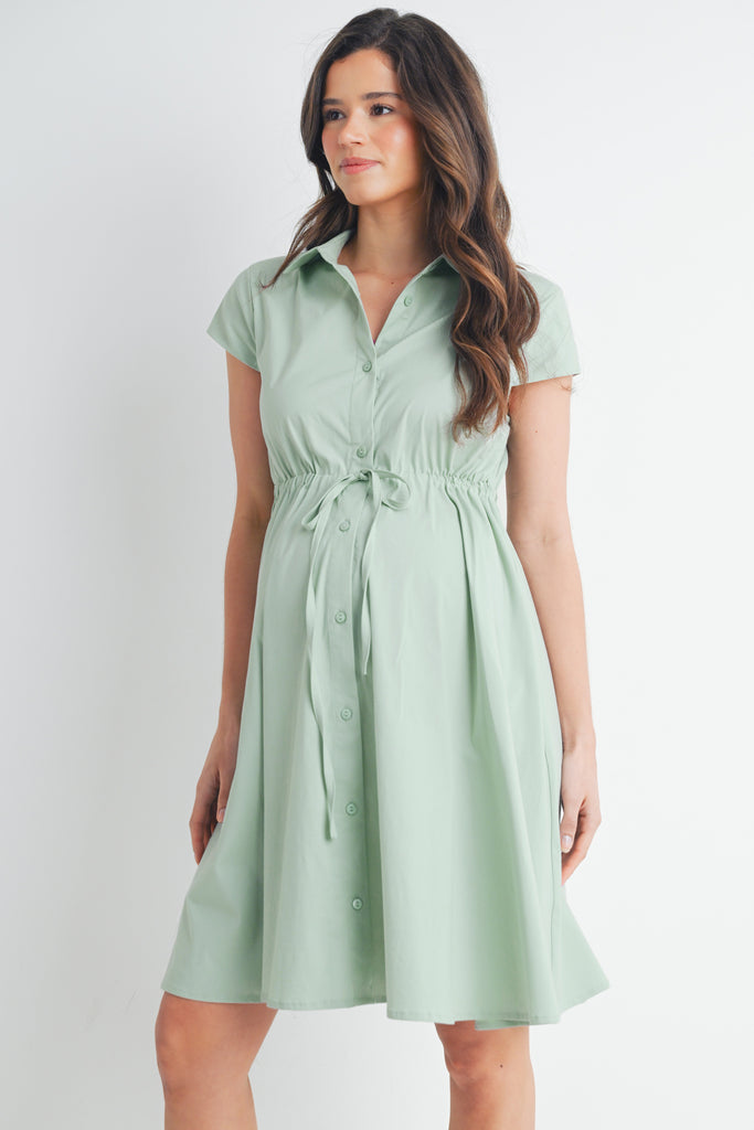 Sage Short Sleeve Button Front Belted Maternity Dress Front View