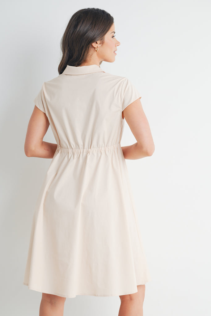 Khaki Short Sleeve Button Front Belted Maternity Dress Back View