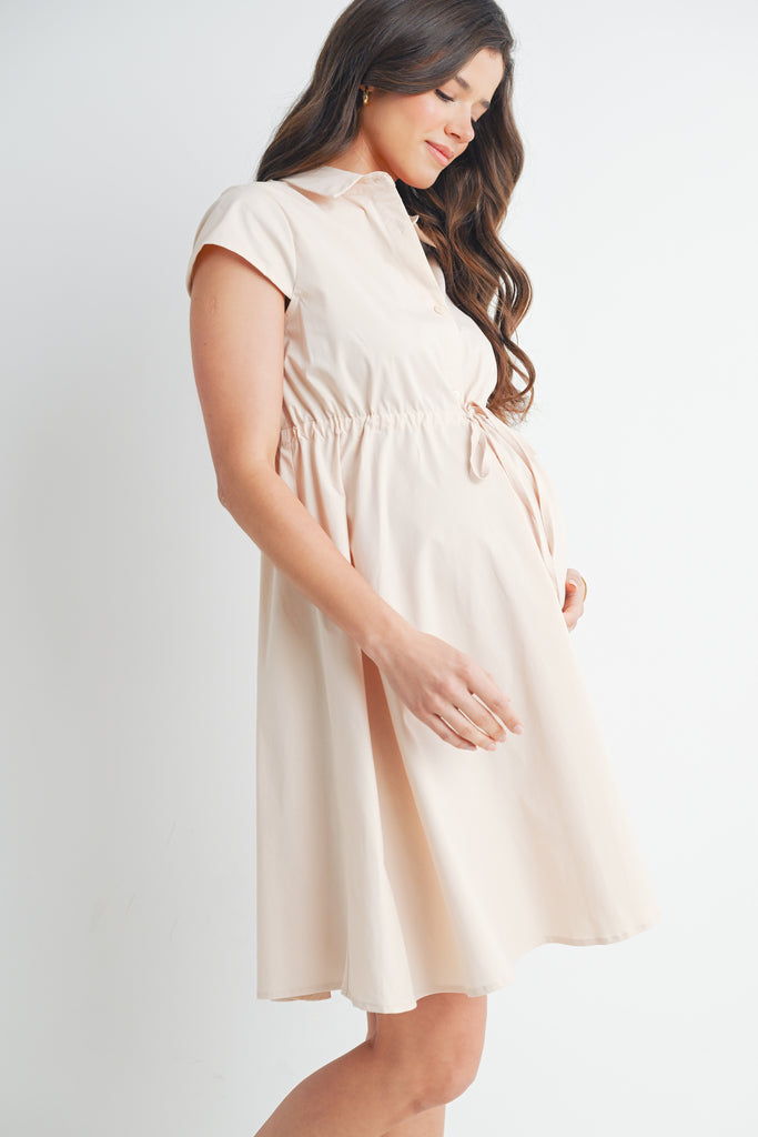 Khaki Short Sleeve Button Front Belted Maternity Dress Side View