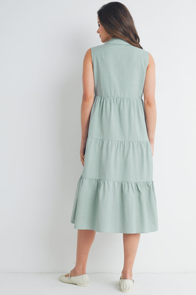 Sage Sleeveless  Button-Front Tiered Midi Maternity Dress Back View