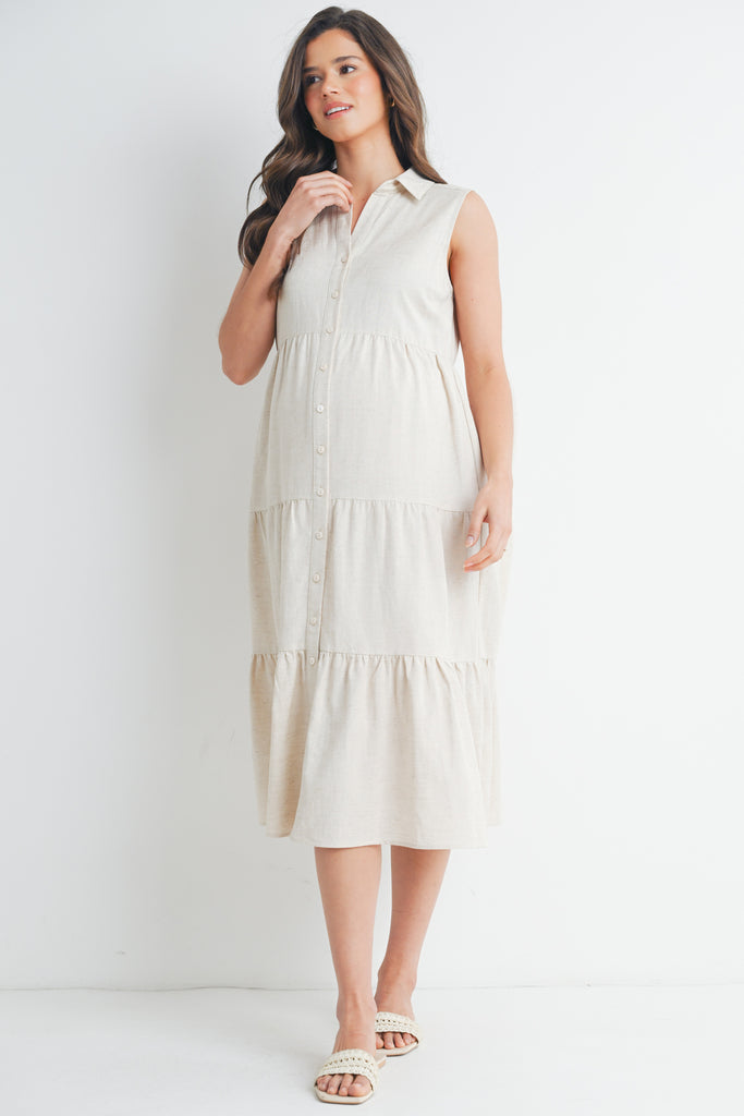 Oatmeal Sleeveless  Button-Front Tiered Midi Maternity Dress Front View