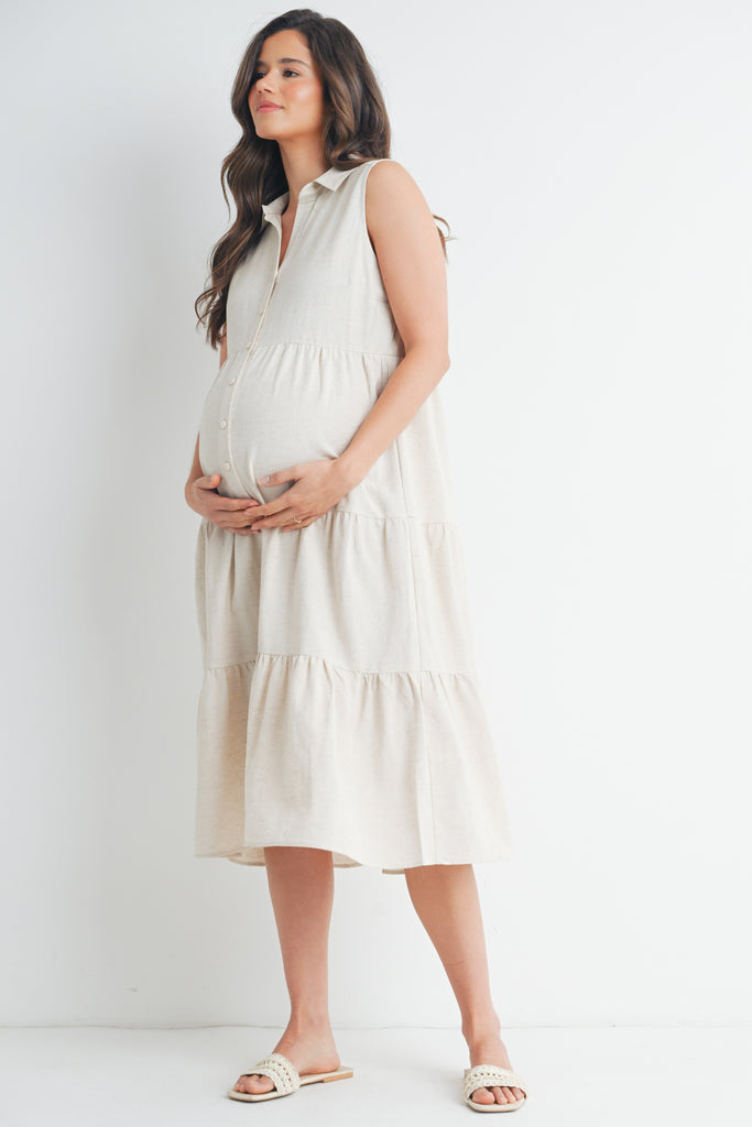 Oatmeal Sleeveless  Button-Front Tiered Midi Maternity Dress Side View