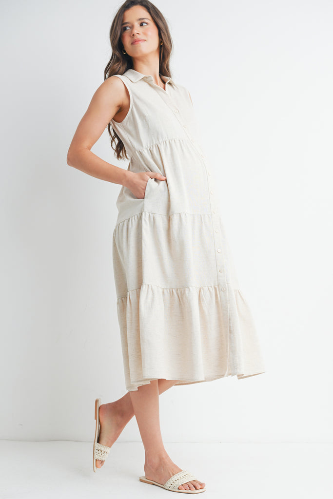 Oatmeal Sleeveless  Button-Front Tiered Midi Maternity Dress Side View