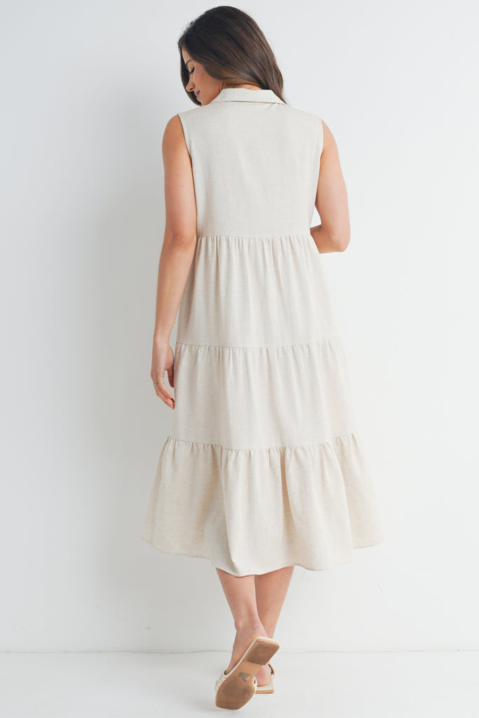 Oatmeal Sleeveless  Button-Front Tiered Midi Maternity Dress Back View