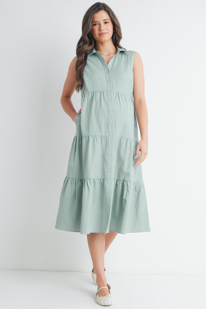 Sage Sleeveless  Button-Front Tiered Midi Maternity Dress Front View