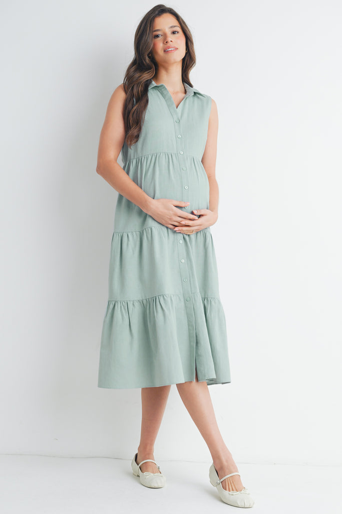 Sage Sleeveless  Button-Front Tiered Midi Maternity Dress Front View