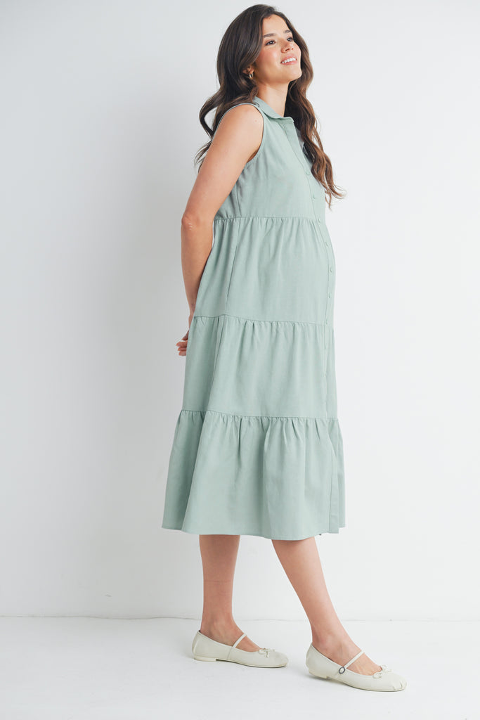 Sage Sleeveless  Button-Front Tiered Midi Maternity Dress Side View