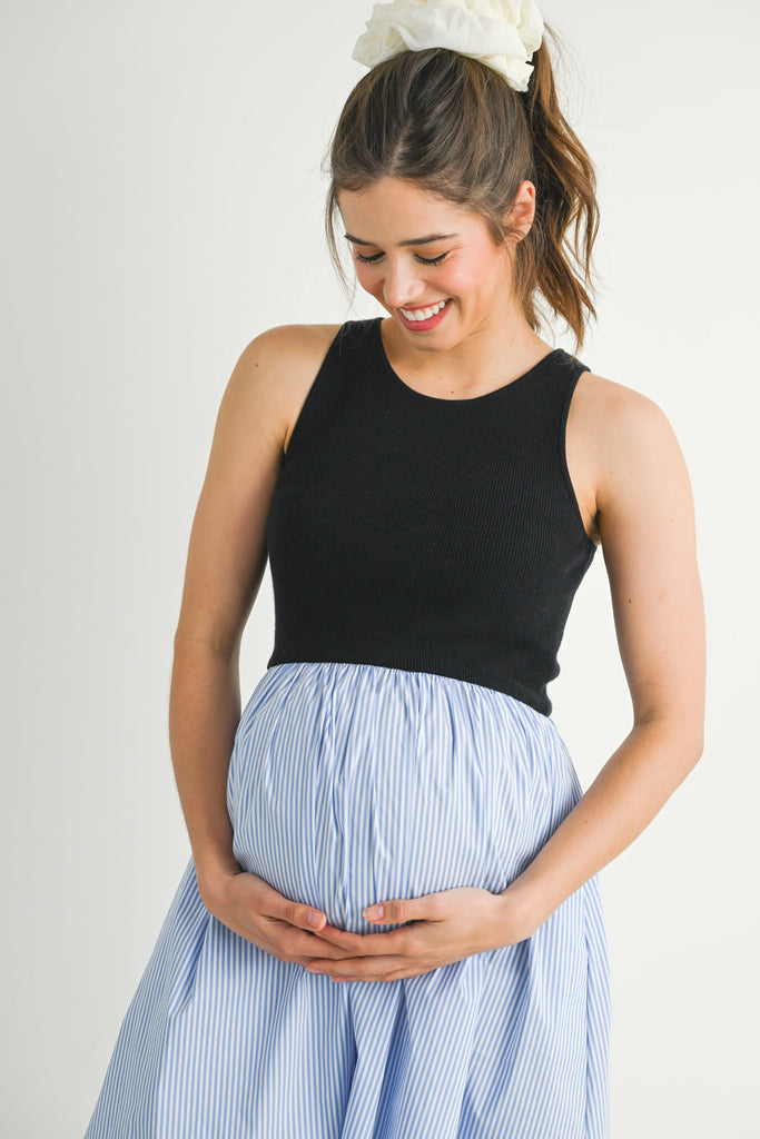 Black/Blue Sleeveless Black Tank Maternity Striped Dress Close Up Detail