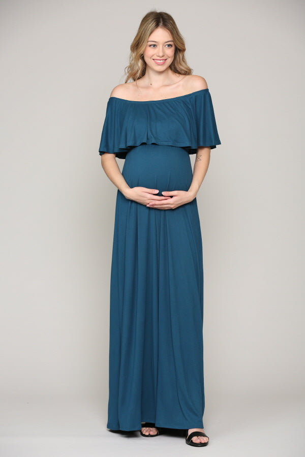 Ruffle Off Shoulder Solid Maternity Dress