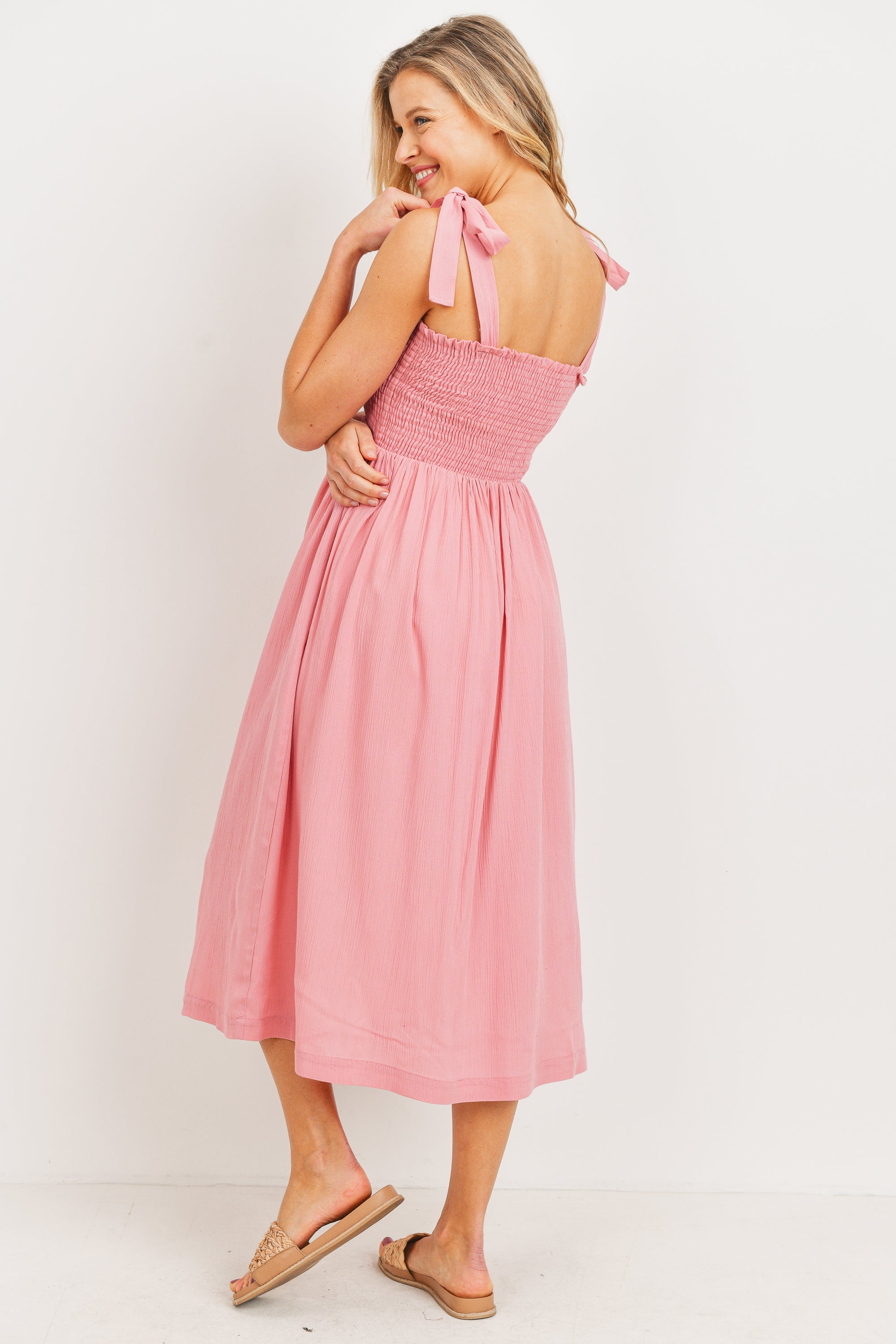 Navy Smocked Ruffle Strap Maternity Midi Dress– PinkBlush